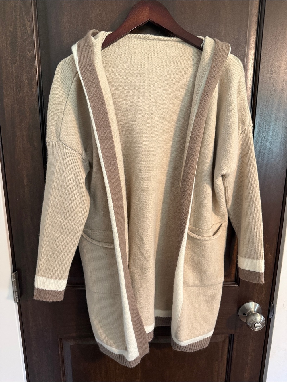 Beige Hooded Open-Front Women's Sweater Cardigan